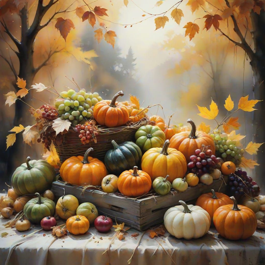 Bountiful Autumn Harvest Watercolor Painting