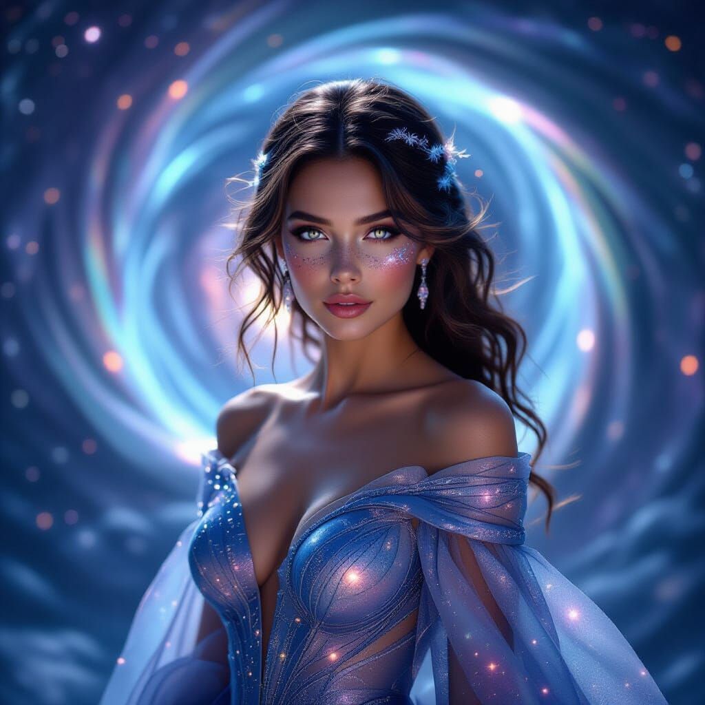 Cosmic Enchantress Before Swirling Vortex as Digital Art