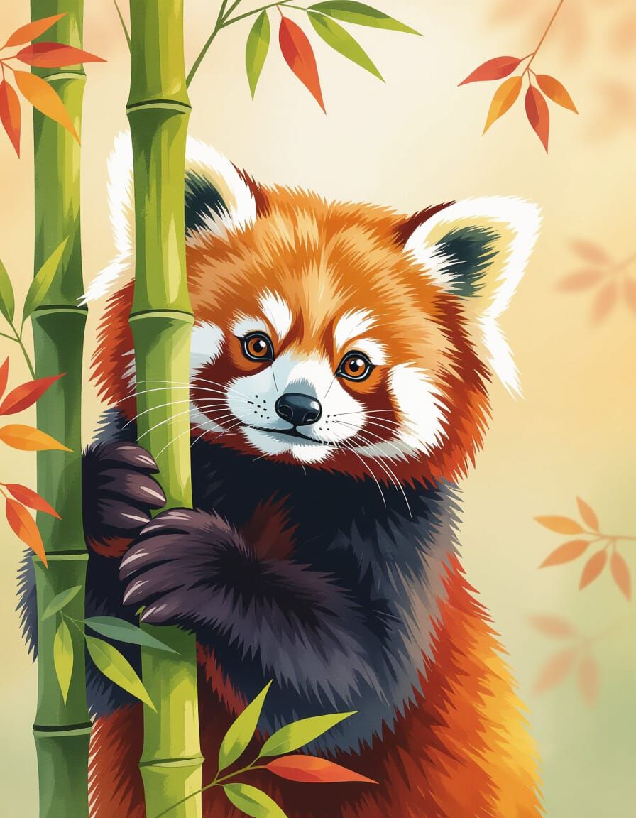 Charming Red Panda in Whimsical Watercolor Autumn Scene