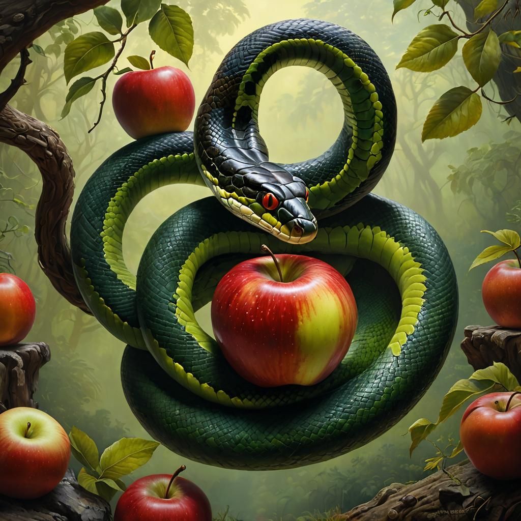 Renaissance Oil Painting of Snake and Apple