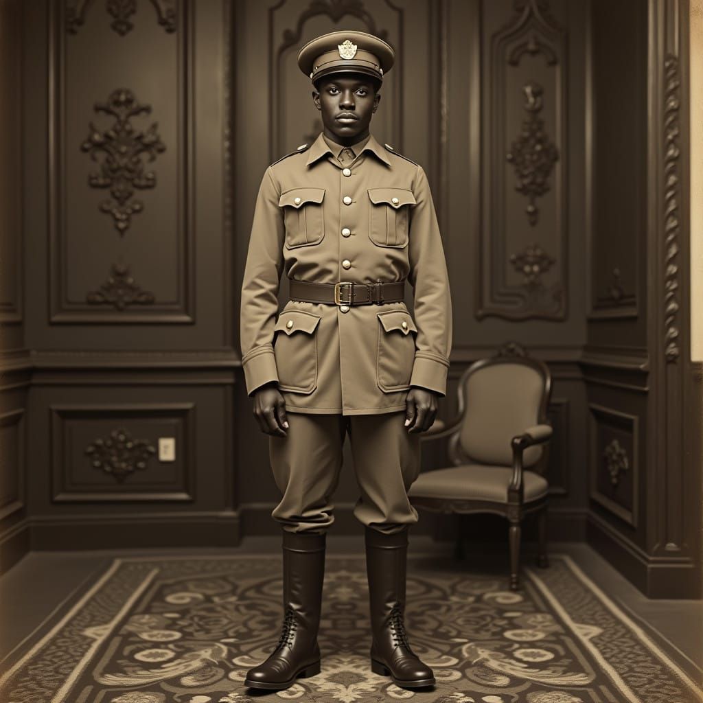 Proud Black Soldier in Elegant Room, Reminiscent of a Bygone...