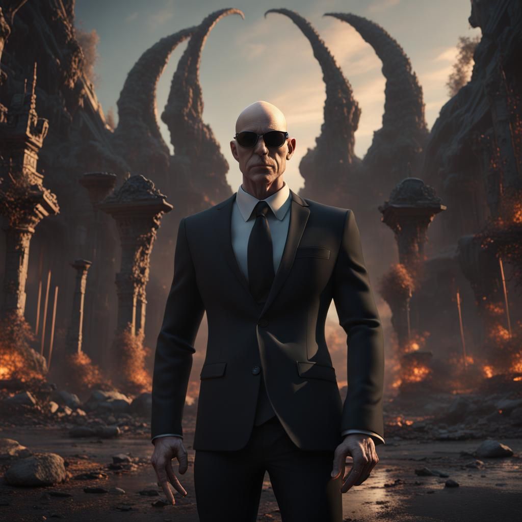Demonic Bald Man in Black Suit, Detailed Matte Painting