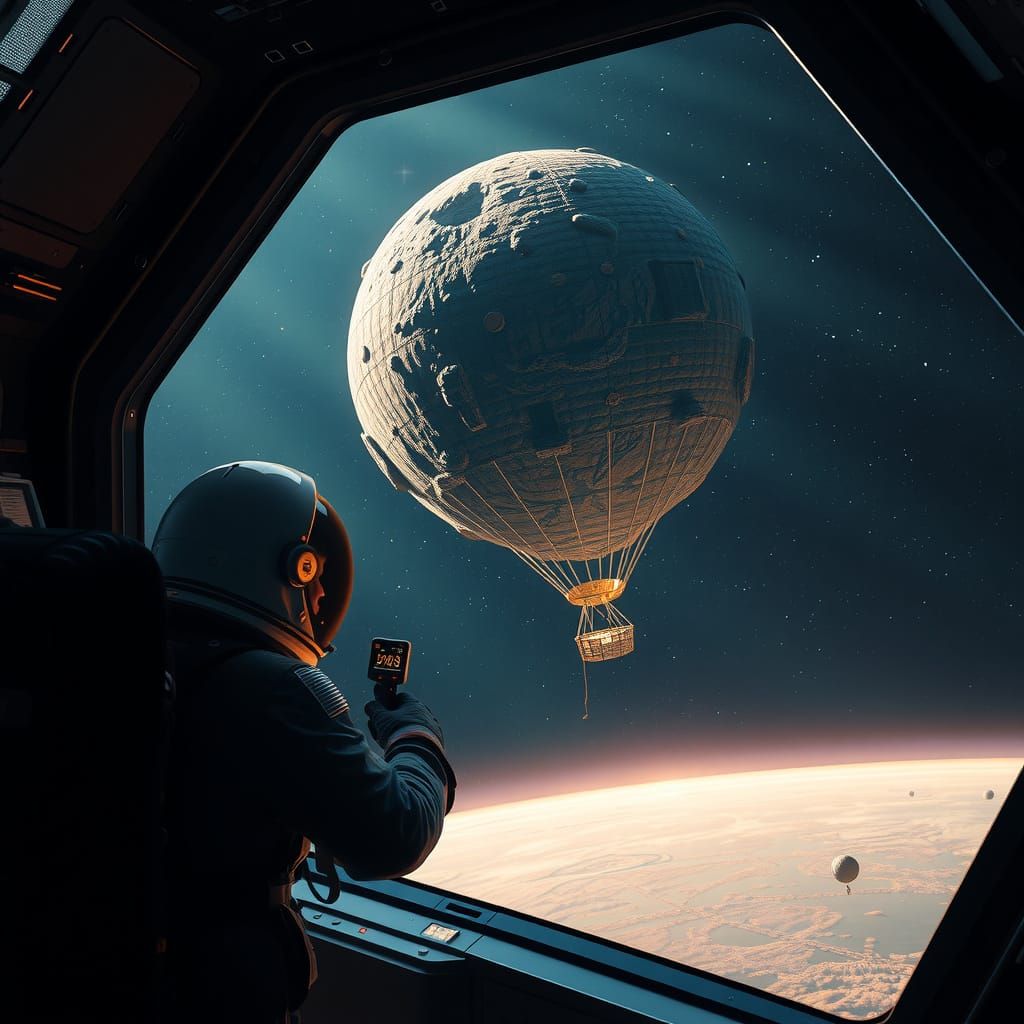 Astronaut Observes Balloon Asteroid in Futuristic Space Stat...