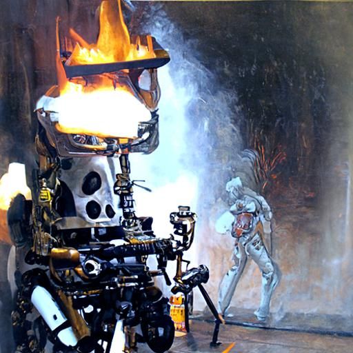 Humanoid Robot with Flamethrower, Oil Painting