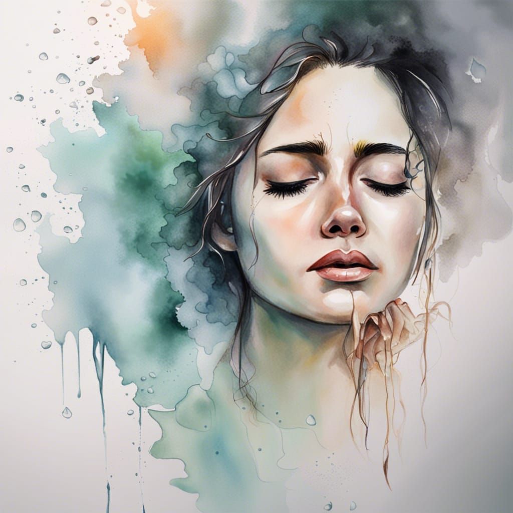 Sad Spring Lady Portrait in Watercolor Style