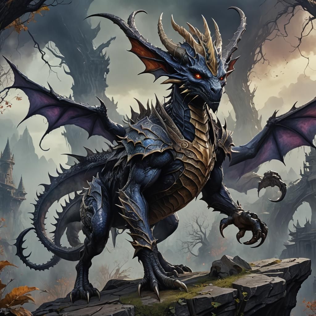 Watercolor Dark Elf Dragon Hybrid Fantasy Art