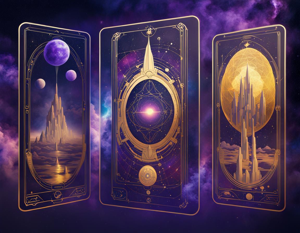 Futuristic World Tarot Card in Gold, Indigo and Purple