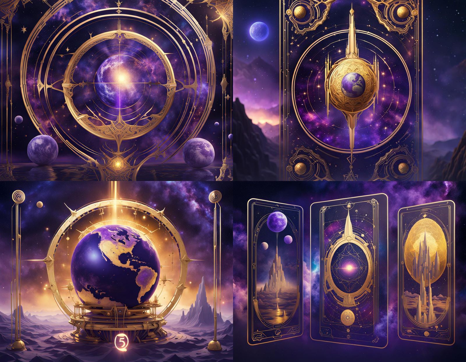 Futuristic World Tarot Card in Gold, Indigo, and Purple