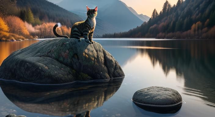 Hyperrealistic Hairless Cat Portrait in Mountainous Lake Sce...