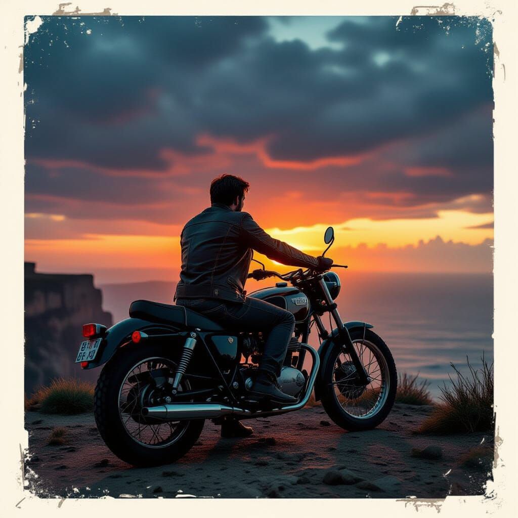 Man on Motorcycle on Cliff at Sunset