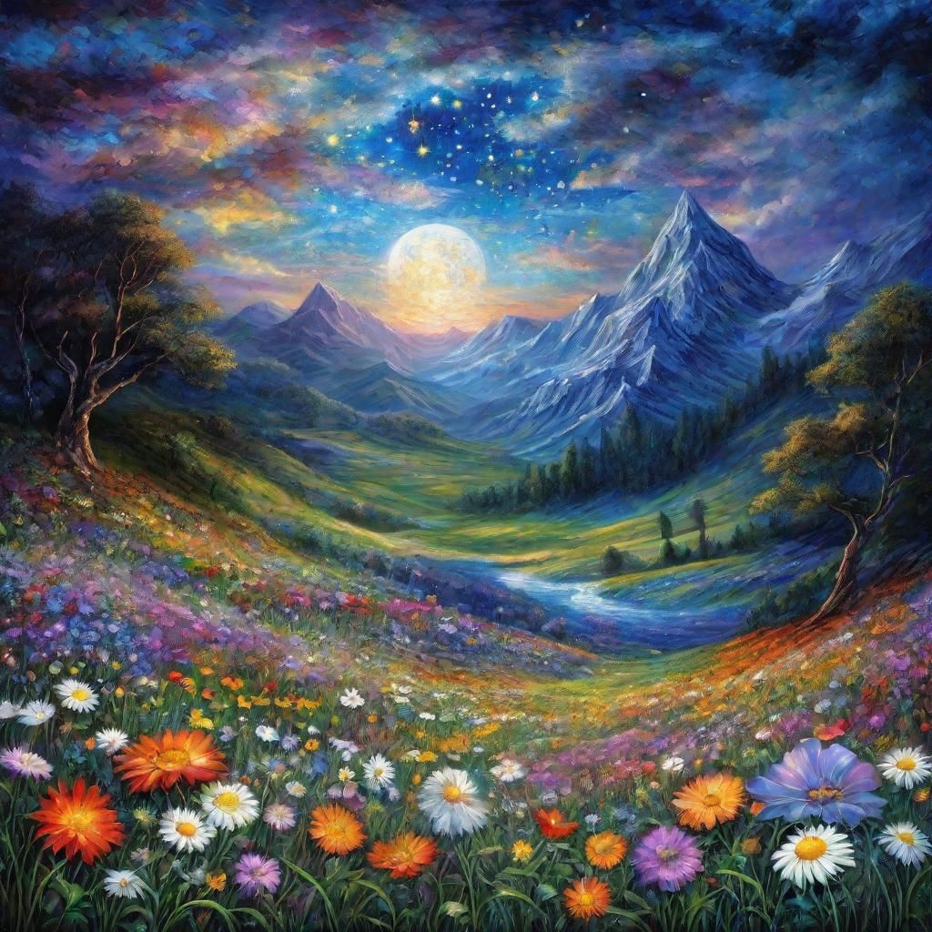 Moonlit Mountain Flower Field: Visionary Art