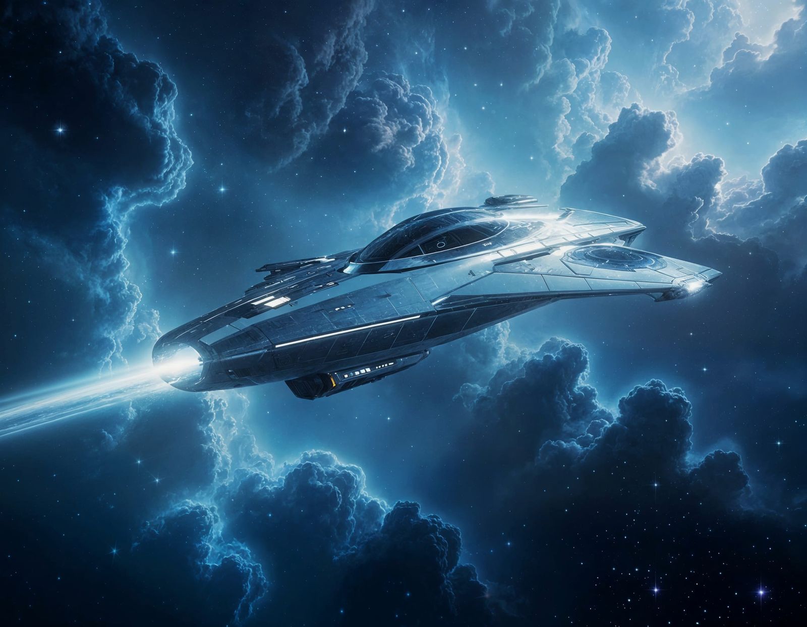 Chrome Spacecraft Glides Through Nebula in Digital Painting