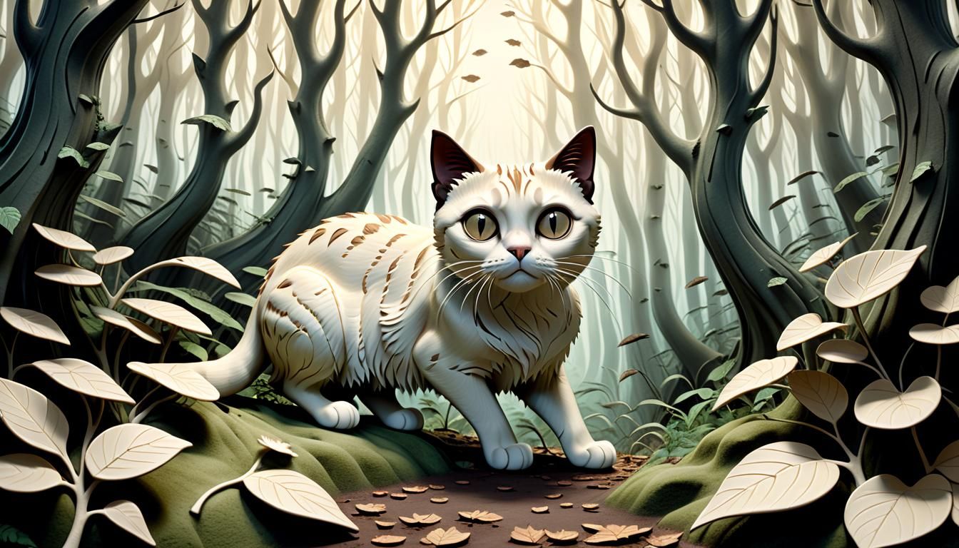 Beige Cat in High Relief Forest Style