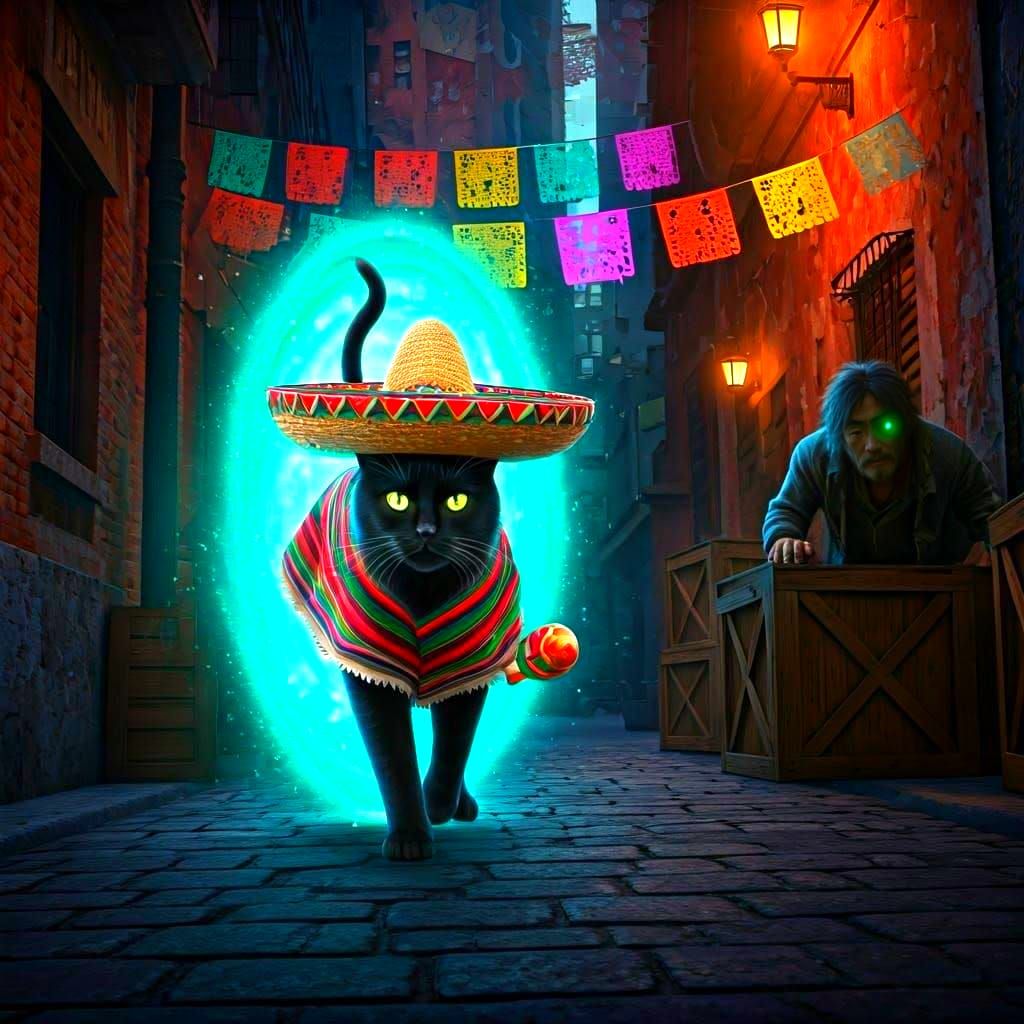 Black Cat Celebrates Cinco de Mayo via Magic Portal