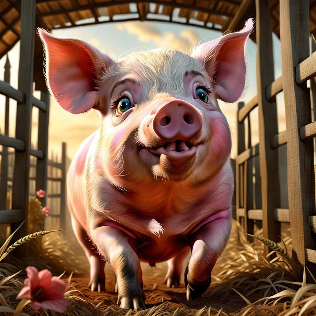 Happy Piglet at the Farm, Detailed Digital Art