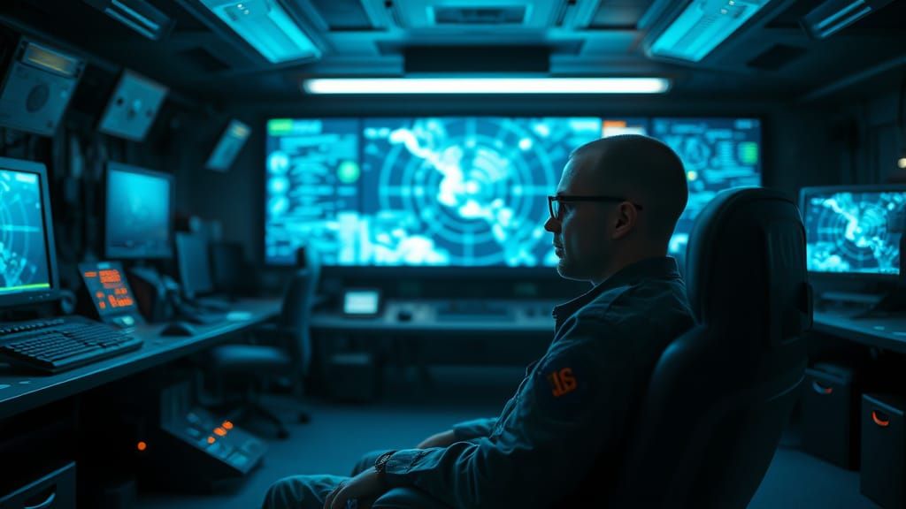 Intense Military Operations Room in Dark Airport Base