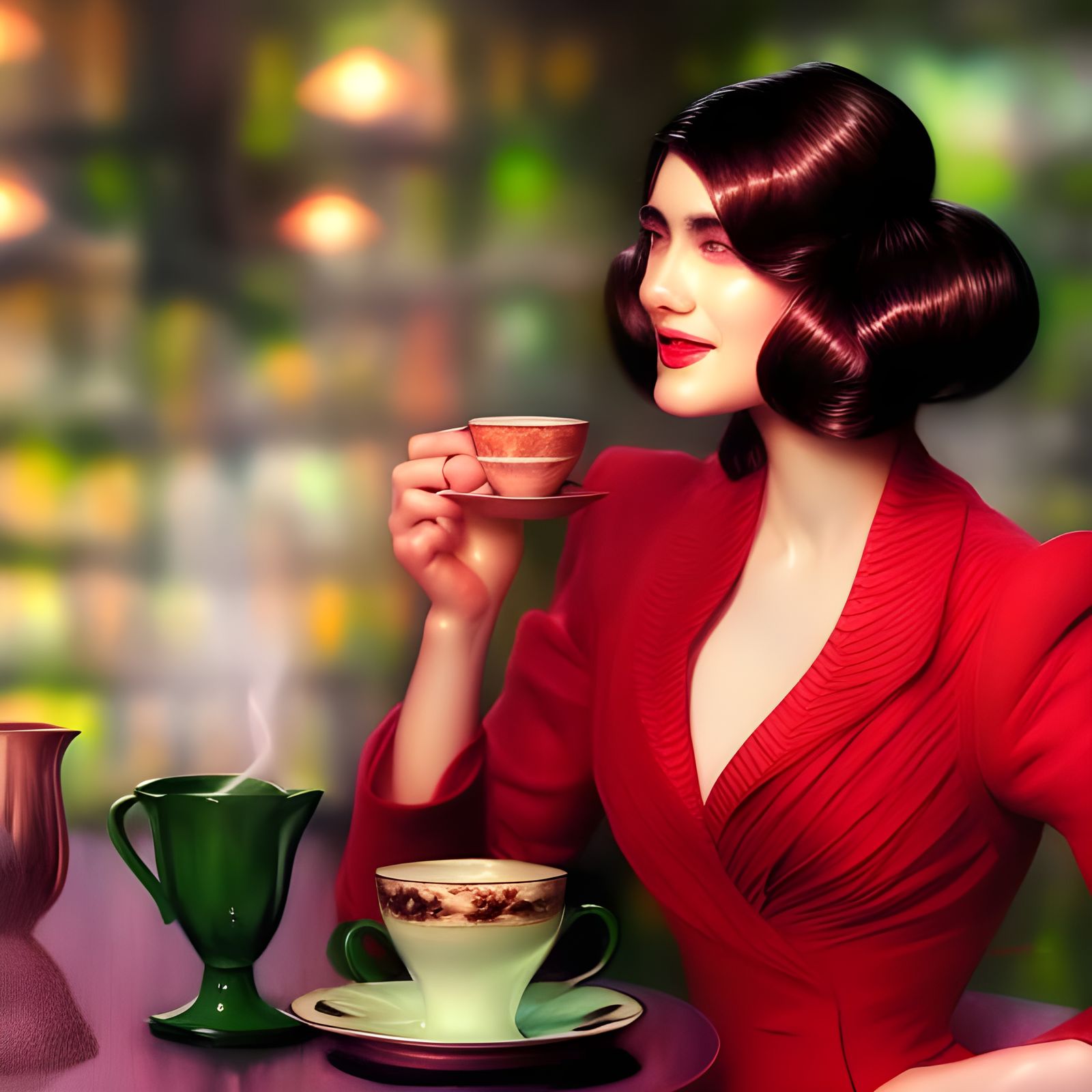 Alien Women in Cafe: Photorealistic Surrealist Portrait