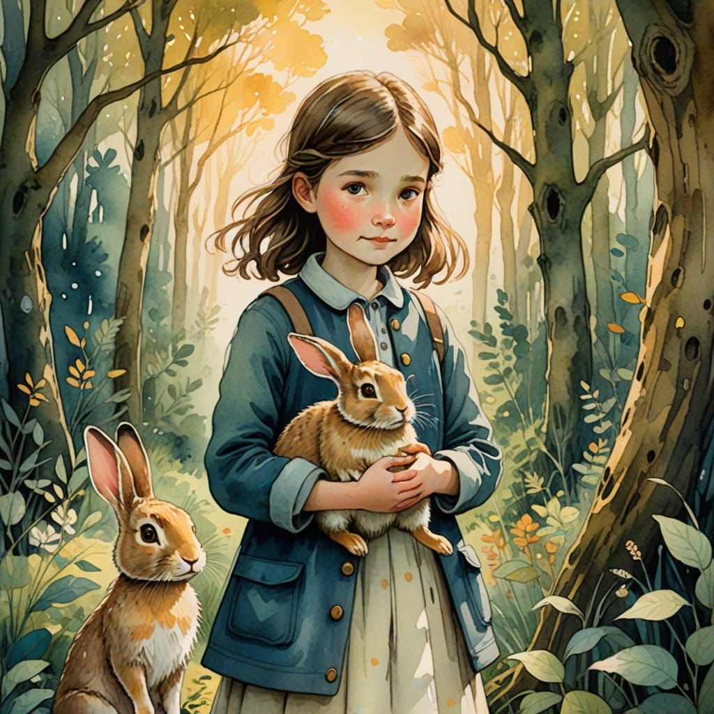 Girl with Rabbit in Forest, Watercolor Illustration