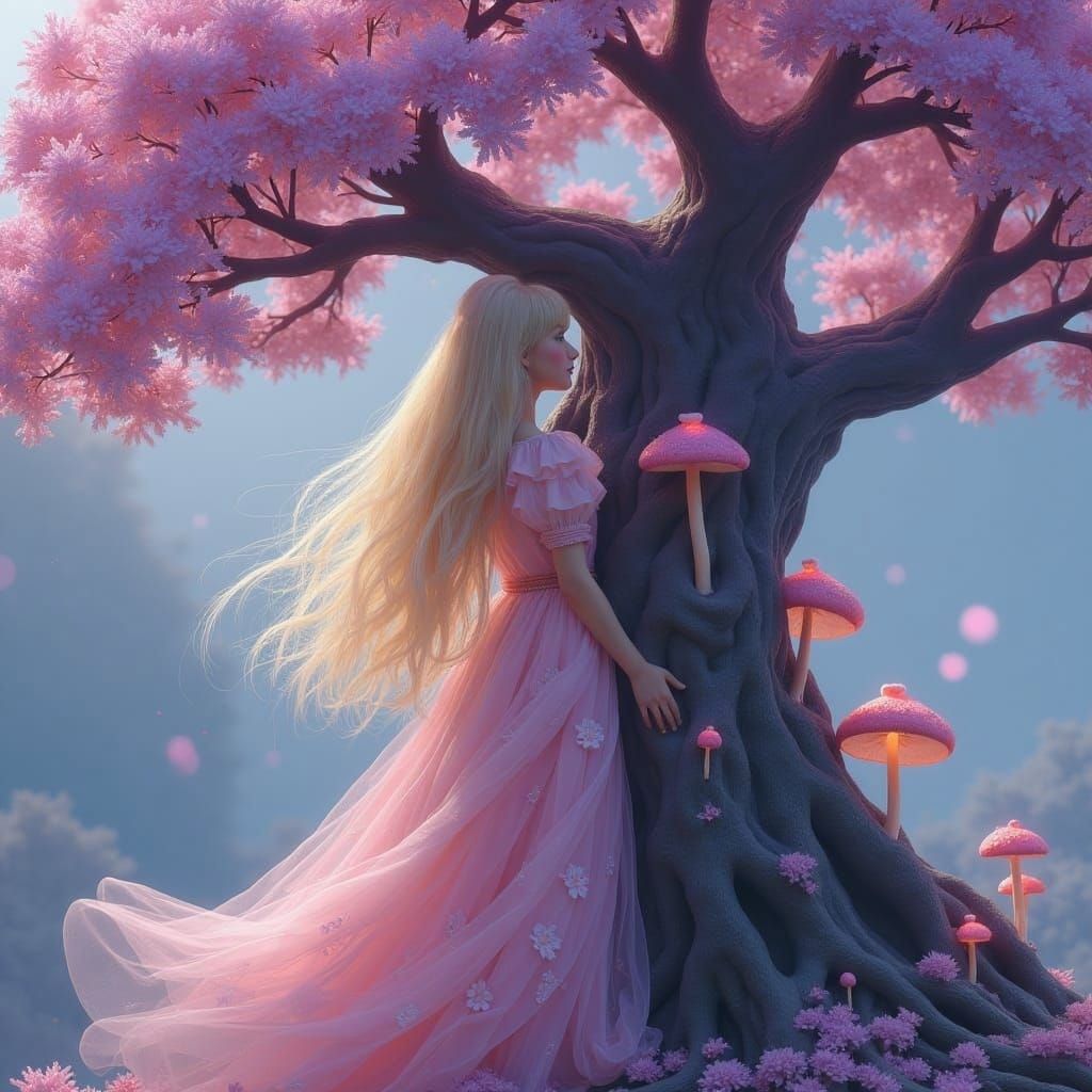 Dreamy Girl Under Bonsai Tree: Fantasy Art