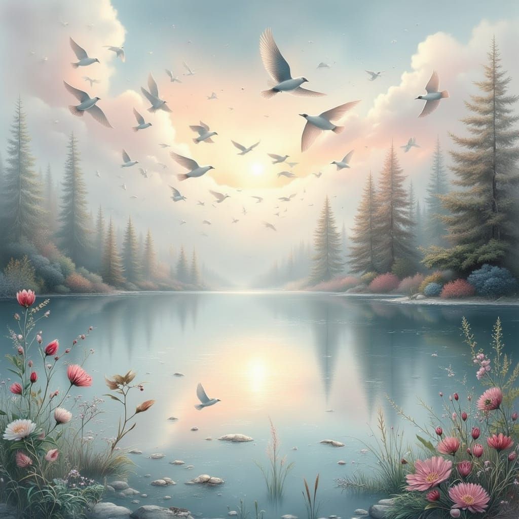 Flock of Birds Over Misty Lake at Sunrise