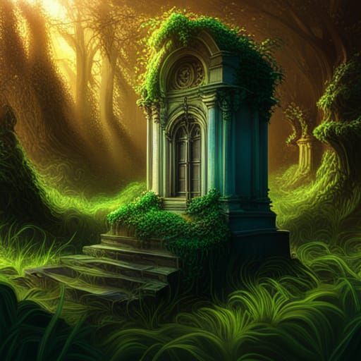 Vines Grow on Tombstone in Hyperrealistic Style