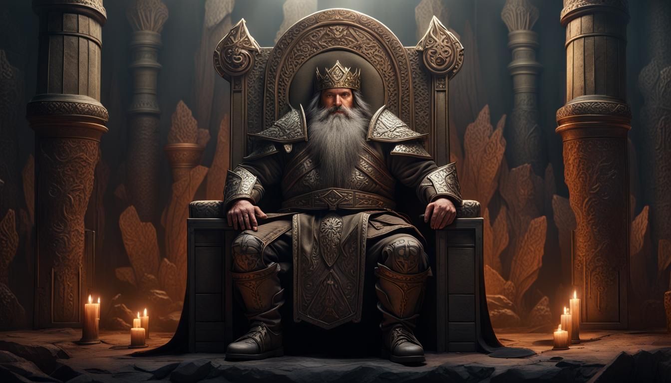 Hyperrealistic Dwarven King on Throne in Dark Fantasy