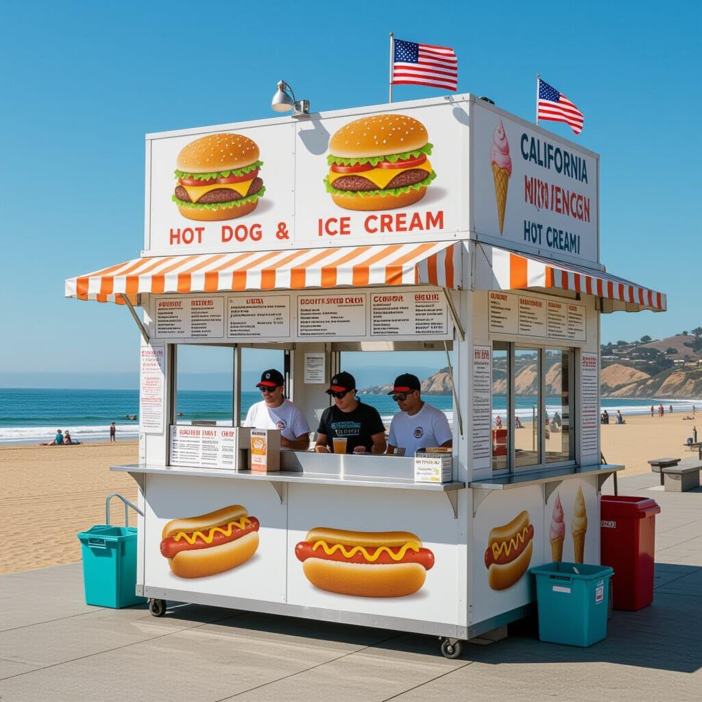 a busy hamburger, hot dog, and ice cream stand on a California beach