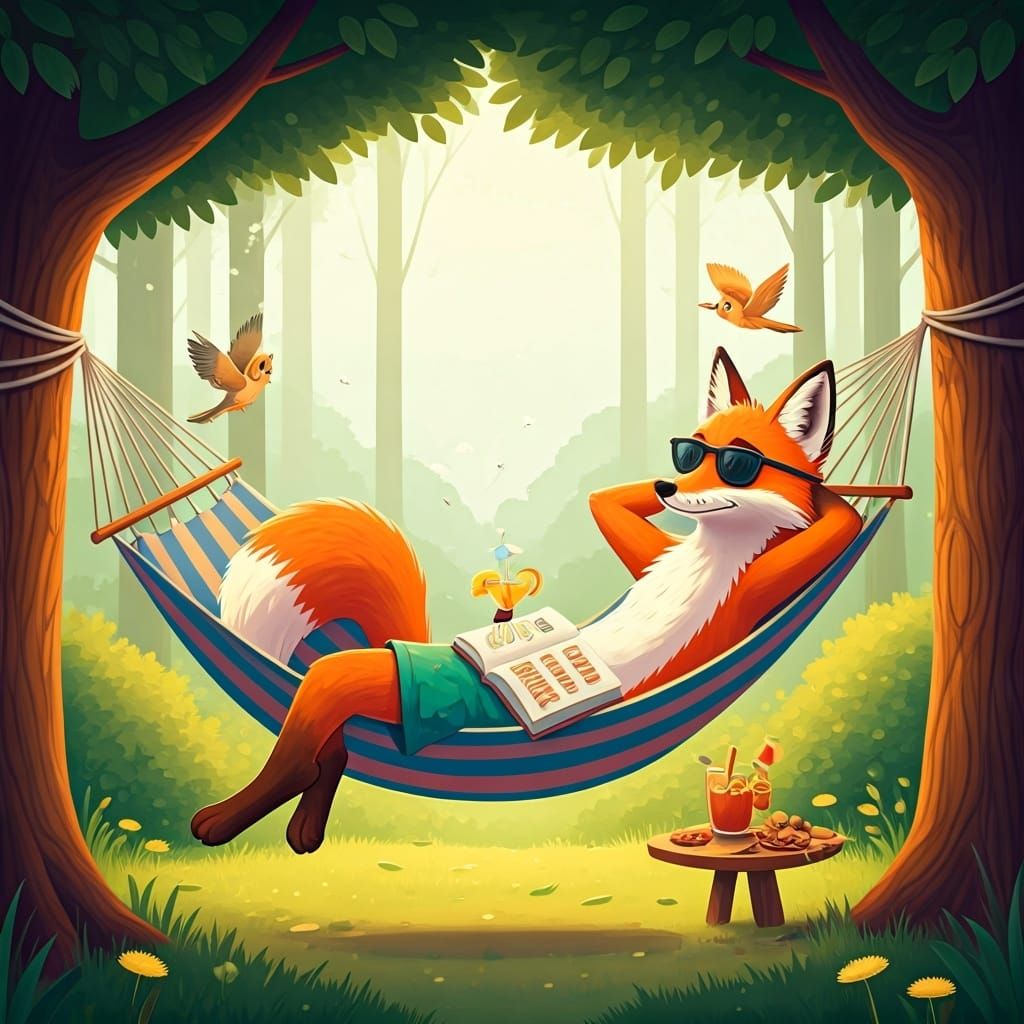 Cartoon Fox Lounging in Hammock on Vacation