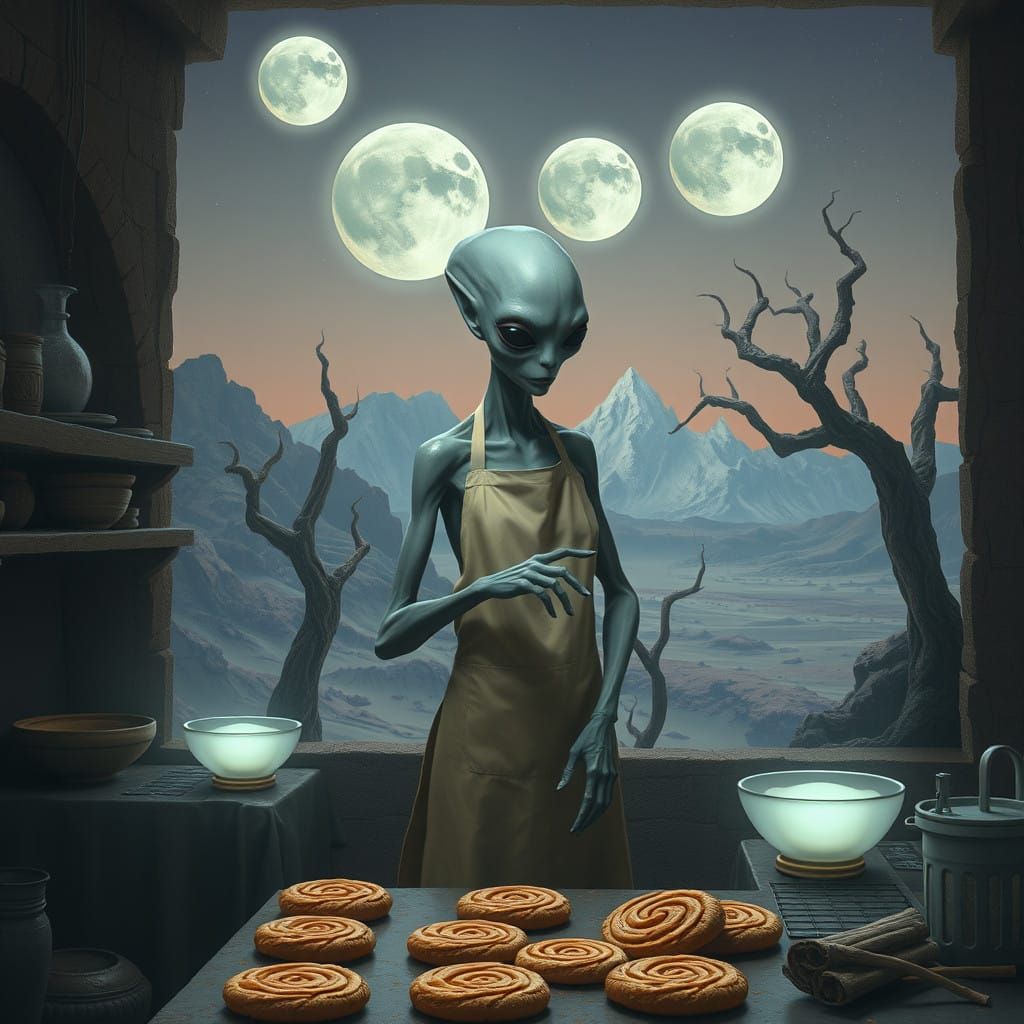 Alien Baker in Whimsical, Pointillist Bakery Under Three Glo...