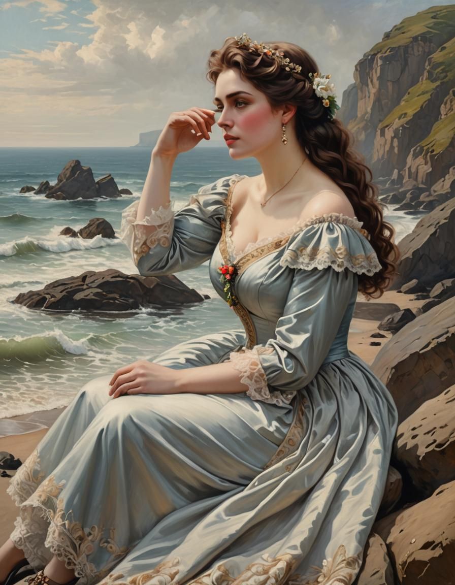 Victorian Woman in Gown by Sea, Oil Painting