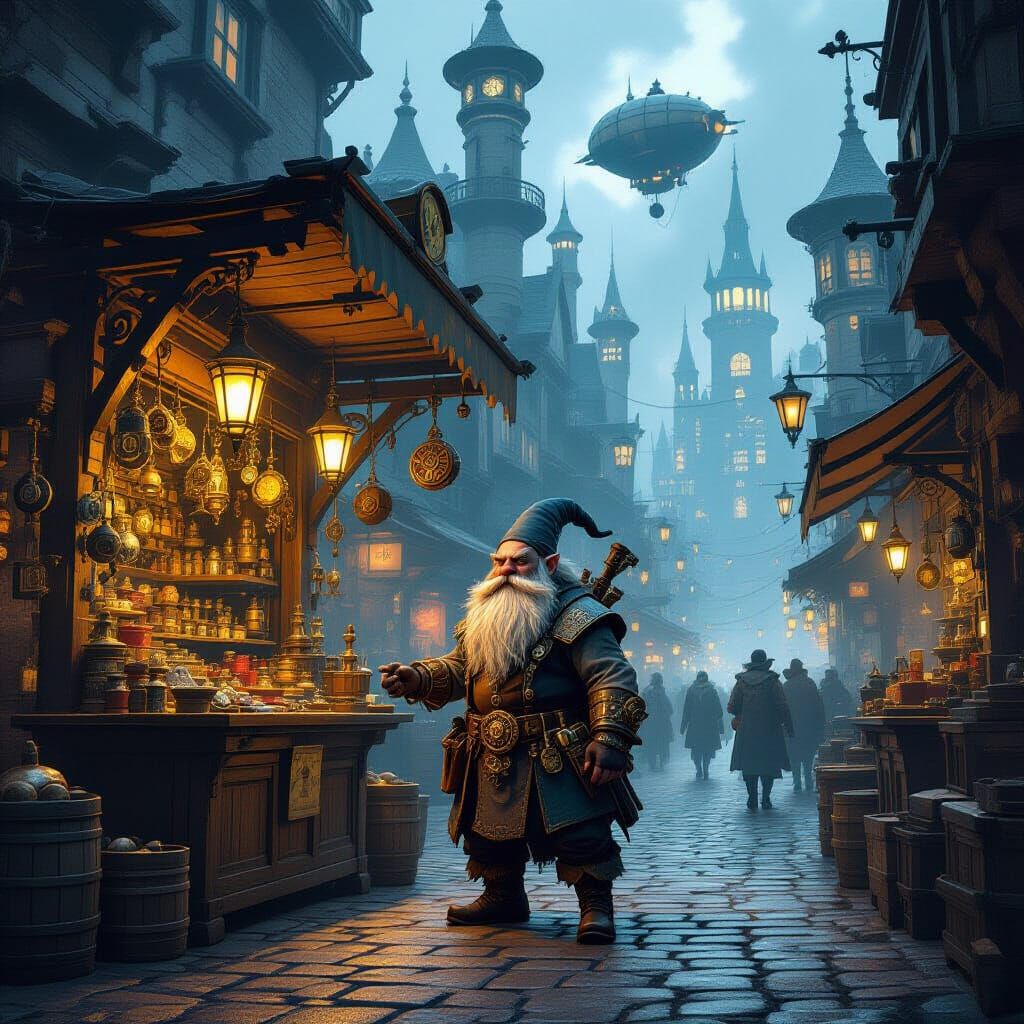 Dwarf Merchant in Steampunk City with Arcane Trinkets