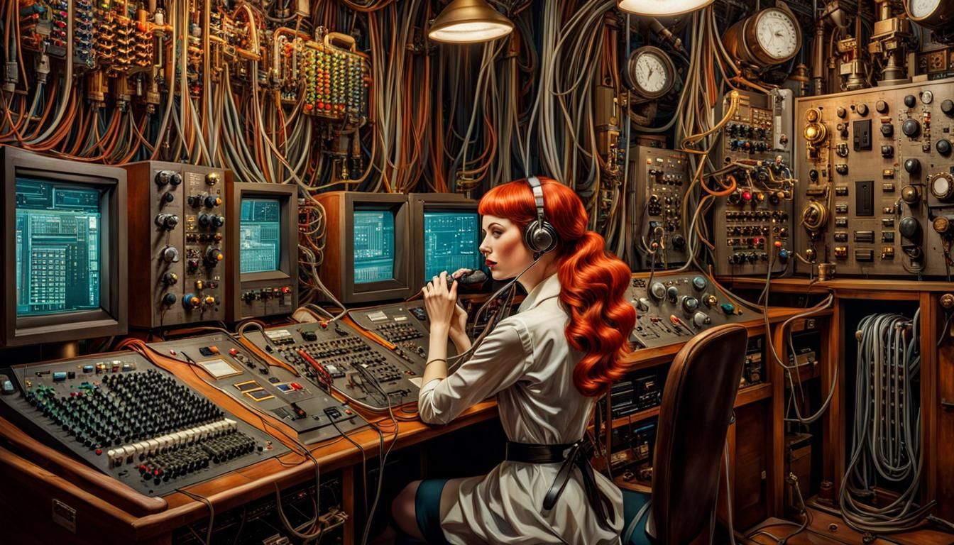 Redhead Operator at Brass Switchboard: Fantasy Portrait