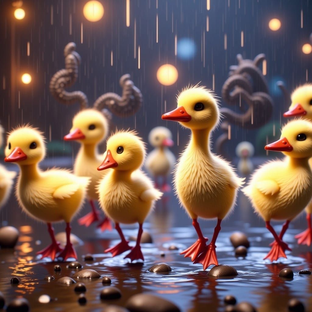 Ducklings Dancing in Rain Boots: 3D Digital Art