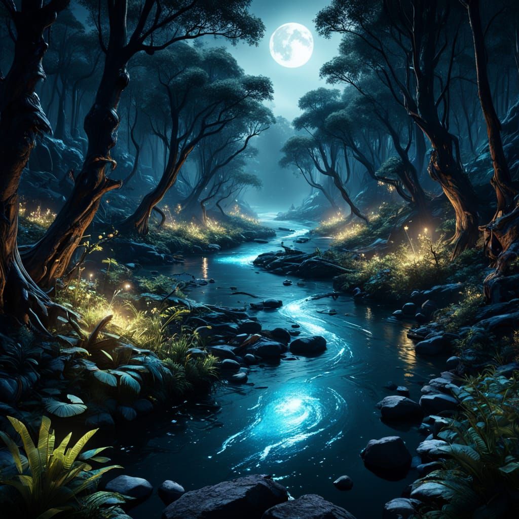Surreal Bioluminescent River at Night in Hyperdetailed Conce...