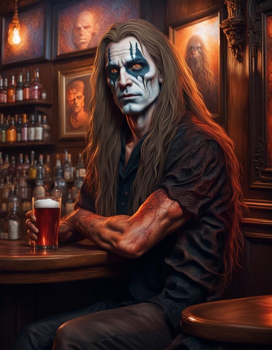 Halloween Makeup Portrait in Pub, Hyperrealistic Splash Art