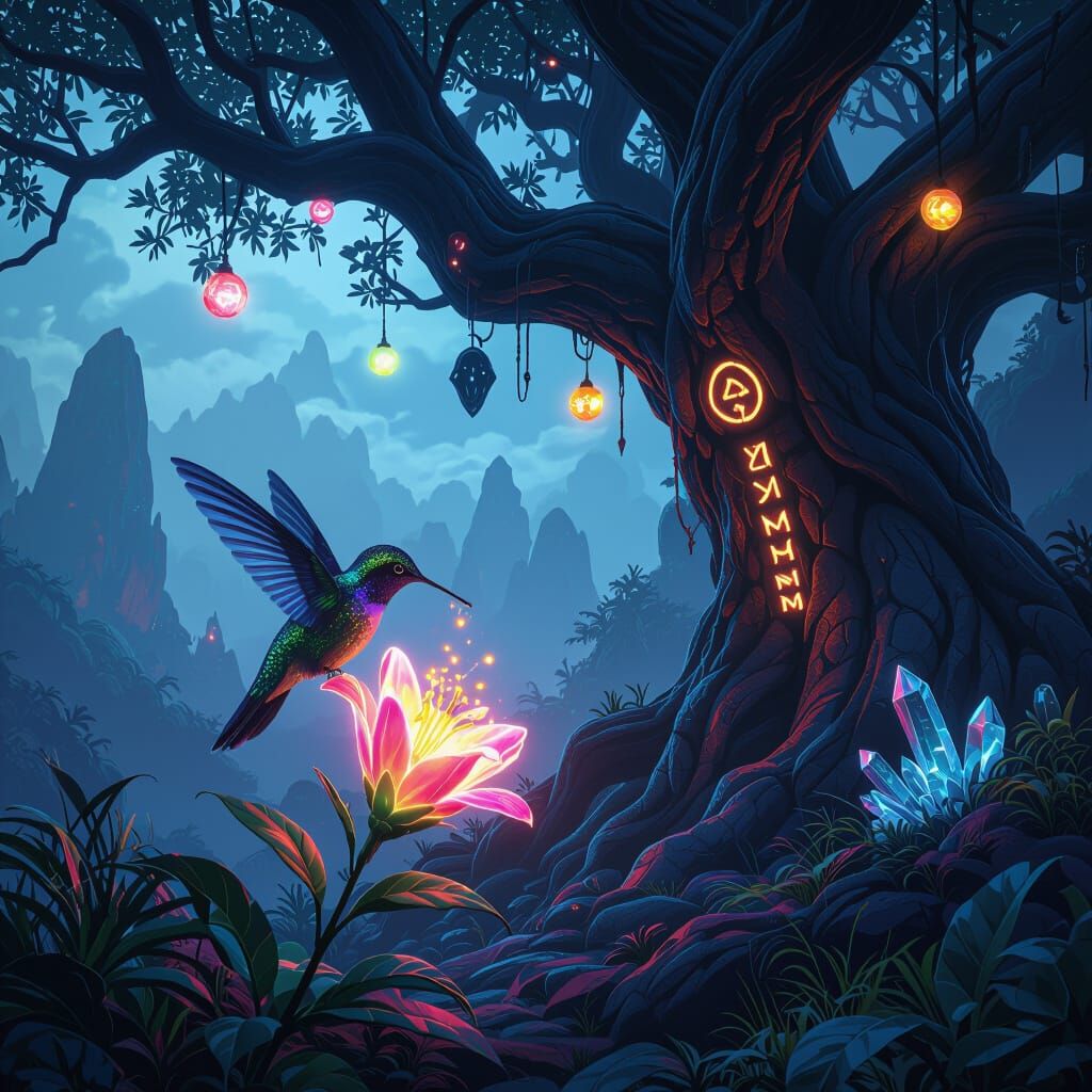 Bioluminescent Hummingbird Sipping Nectar on Alien Planet