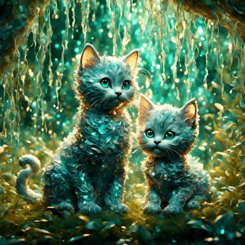 Playful Kittens Under Tree in Fantasy Realism