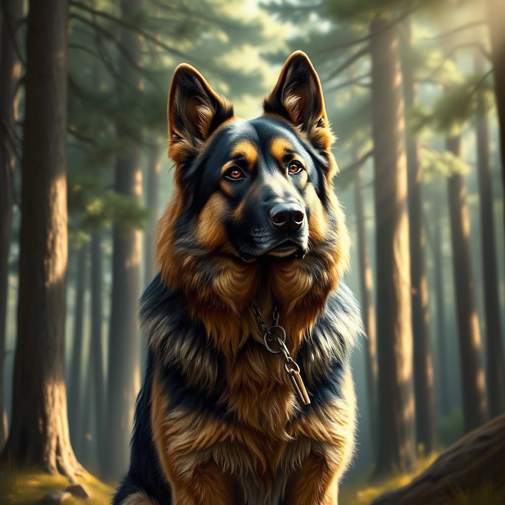 Majestic German Shepherd in a Serene Forest Landscape