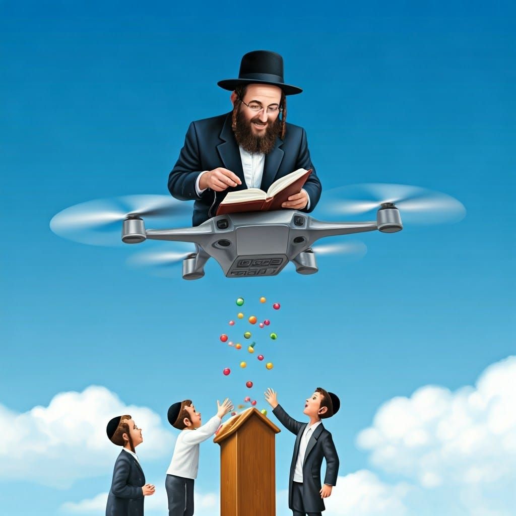 Hasidic Rabbi Soars on Drone, Surrounded by Joyful Children