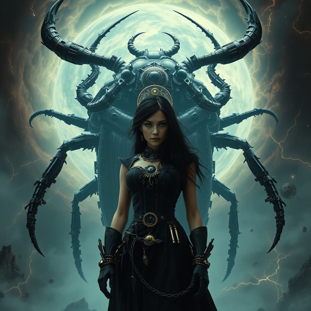 Steampunk Woman and Mechanical Scarab Against Nebula