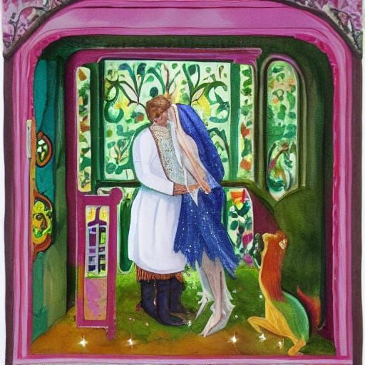 Whimsical Watercolor Portrait of Loving Couple in Dreamy Sce...