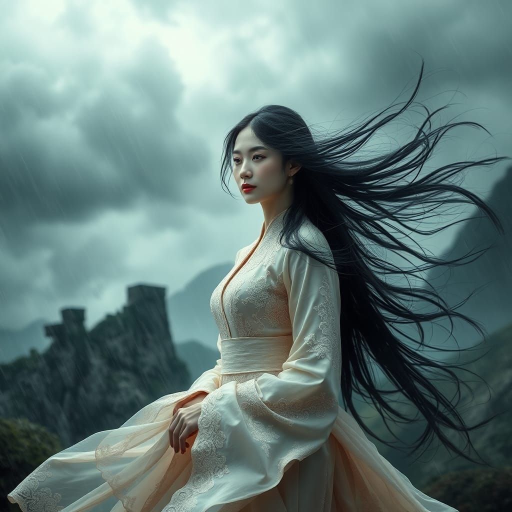 Asian Woman in Hanfu Dress, Surreal Dreamscape