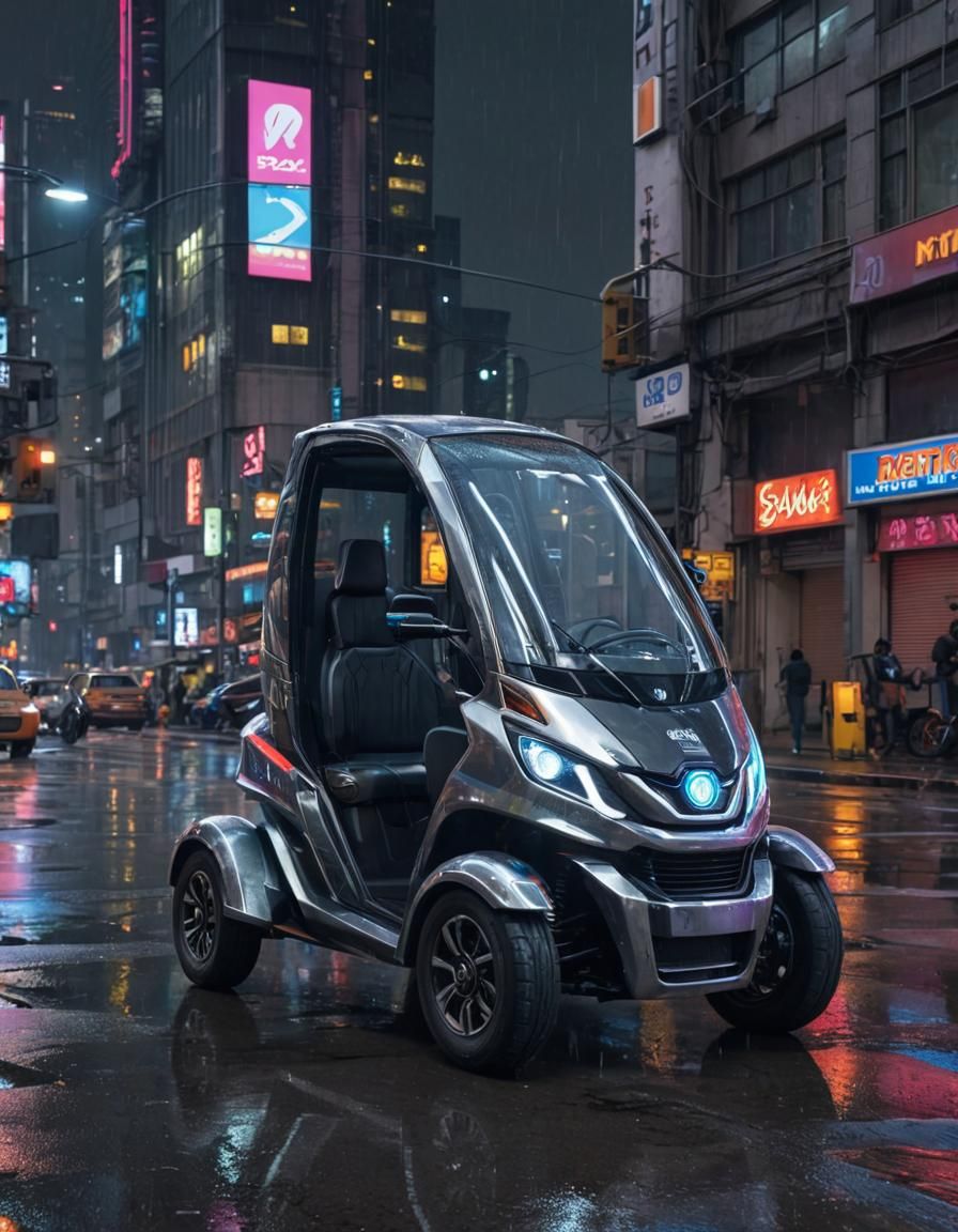 Futuristic Three-Wheeled Vehicle on Neon City Street