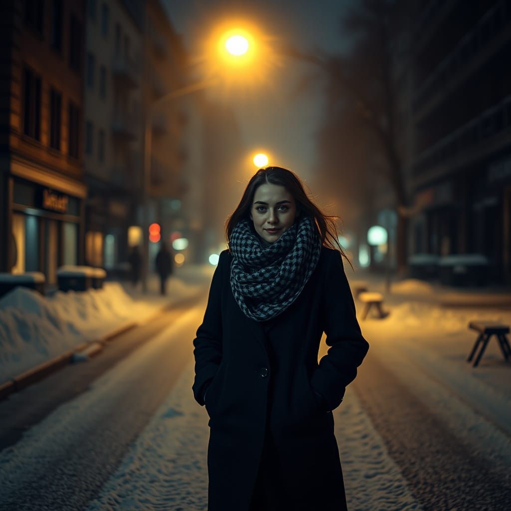 Melancholic Woman Walks Snowy City Street at Night