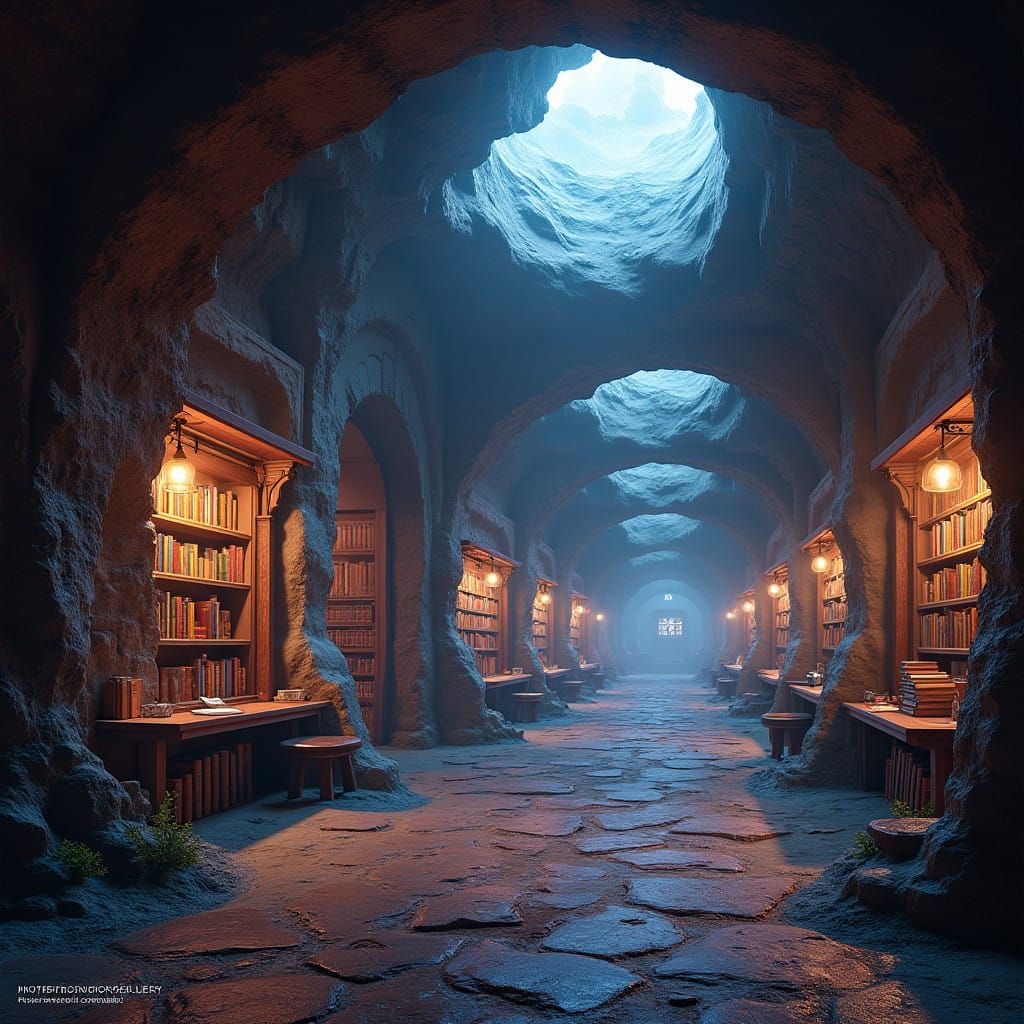 Mystical Underground Library in Deep, Vibrant Hues