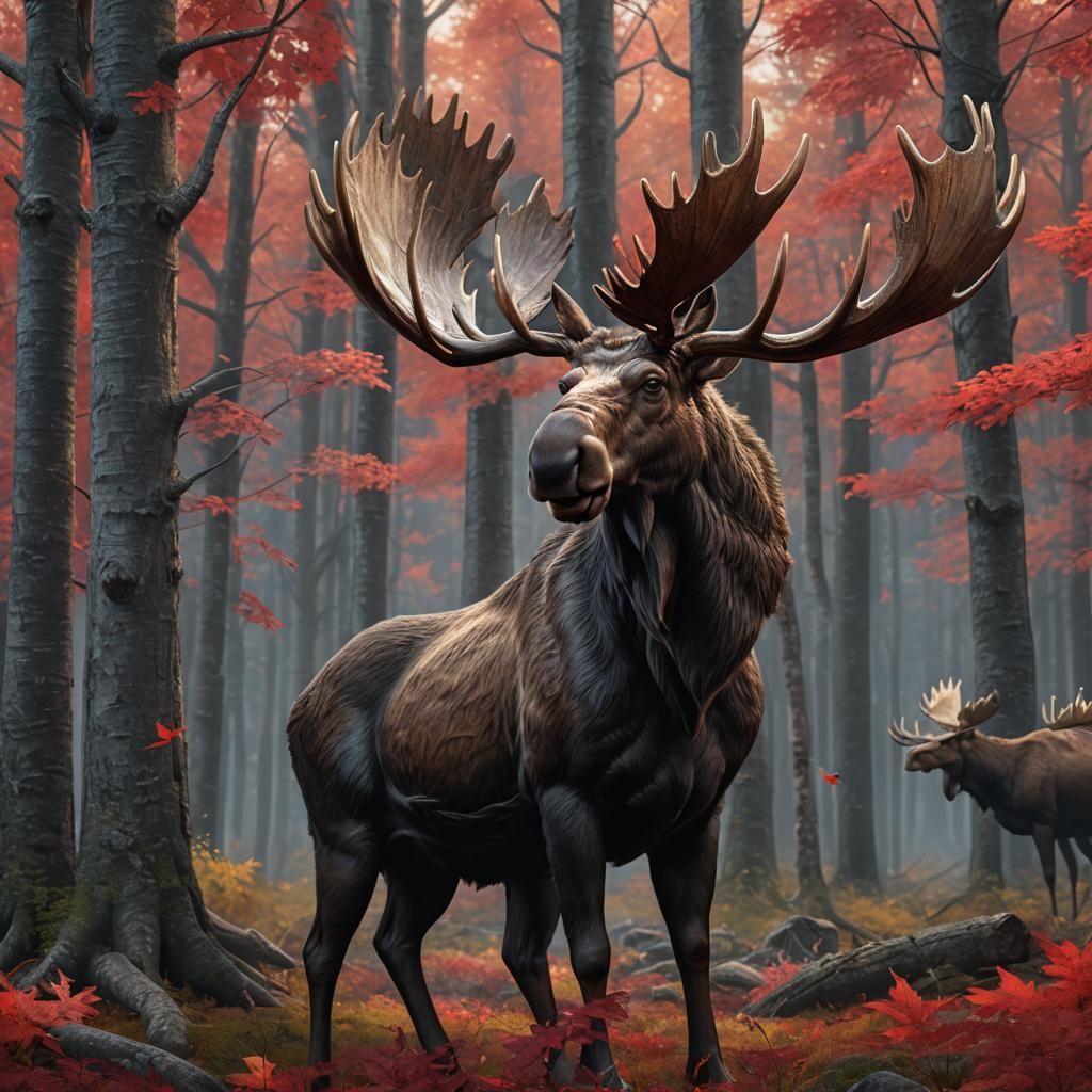 Canadian Moose in Autumn Forest: Detailed Matte Painting