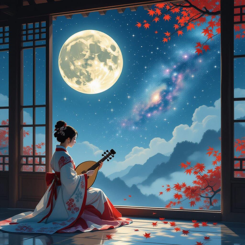 Korean Autumn Moon Scene with Gayageum Player