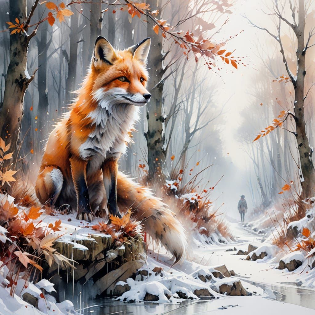 Ethereal Autumn Fox in Watercolour Style