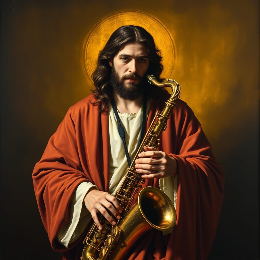 Jesus Plays Saxophone in Baroque Style