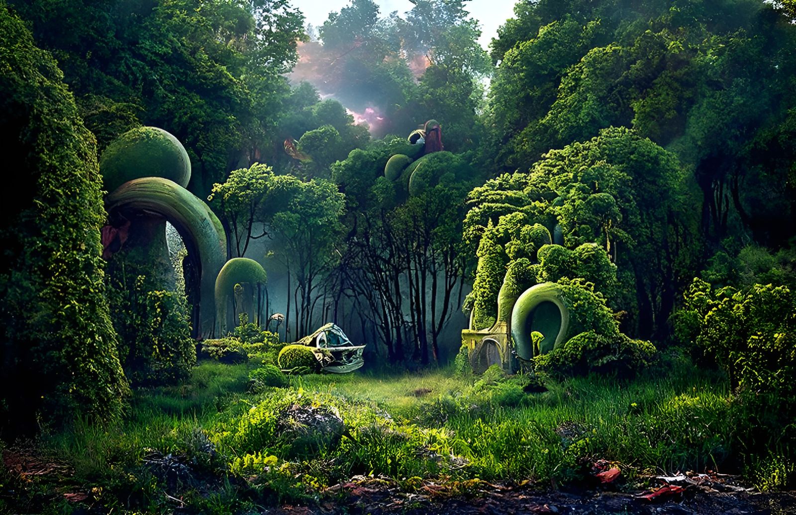 Lush Overgrown Fantasy Landscape in Romanticism Art Style